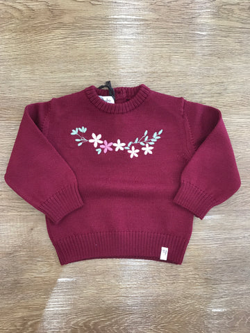 Maglione Nannafrufru in lana bordeaux con fiorellini ricamati sul corpetto