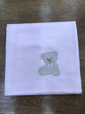 Mussola Baby Gi in garza con orsetto laterale e fiocchetto rosa