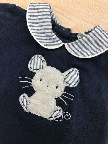Pagliaccetto Coccodè in cotone blu scuro con collo tondo a righe con topolino applicato sul davanti