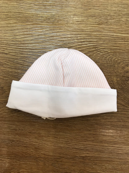 Cappello Laranjinha in cotone a righe bianche e rosa con risvolto bianco