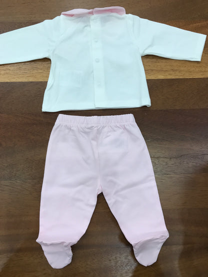 Tutina Le Bebè due pezzi in cotone bianco e rosa colletto rosa sul davanti tre delicati orsetti