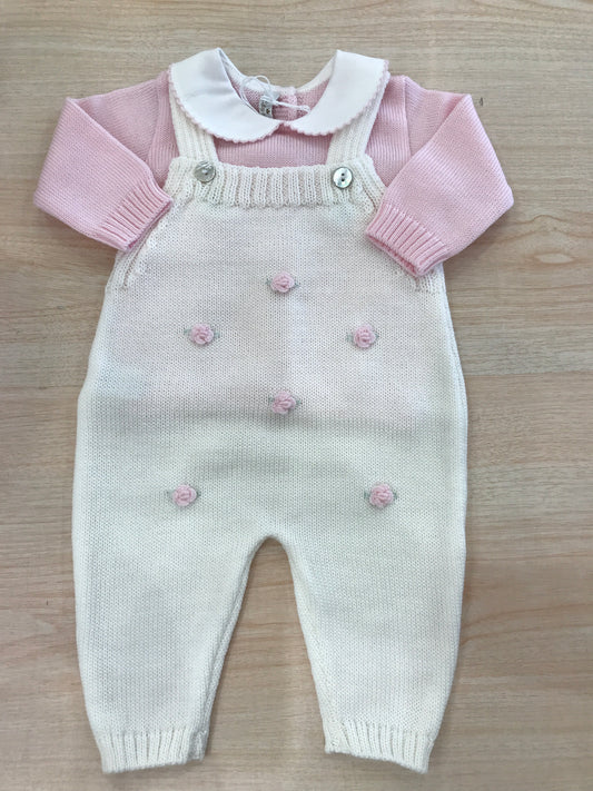 Tutina Baby Lord in lana salopette con bretelle panna e roselline ricamate a mano con maglietta rosa manica lunga