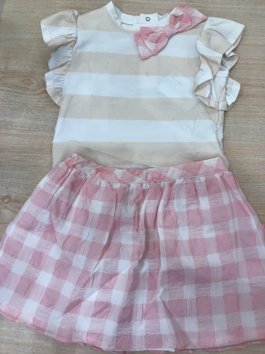 Completo Coccodè in cotone gonna a quadretti con t-shirt beige bianca a righe con rusche con fiocchetto laterale