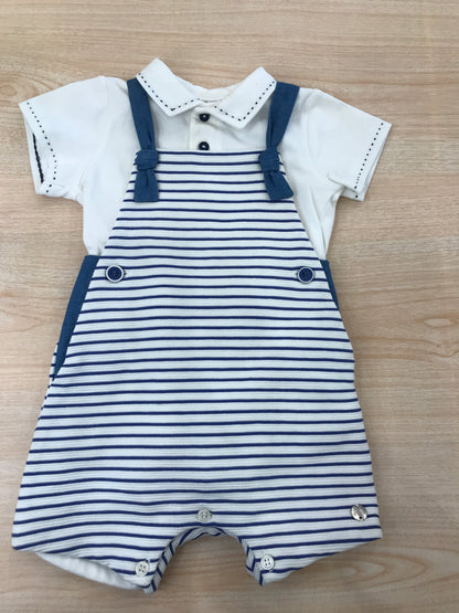 Completo Paz Rodriguez in cotone salopette con bretelle a righe bianche e blu con body bianco mezza manica