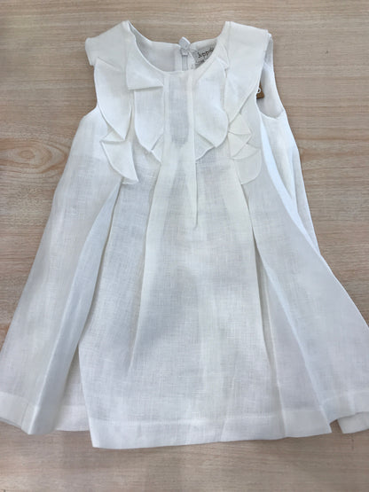 Abito Juppolà in lino bianco smanicato con rusche sul davanti e zip sul retro