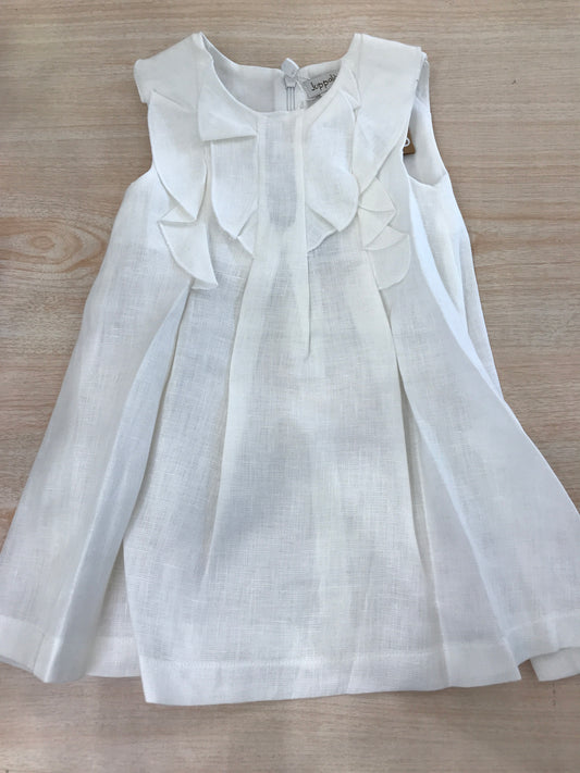 Abito Juppolà in lino bianco smanicato con rusche sul davanti e zip sul retro
