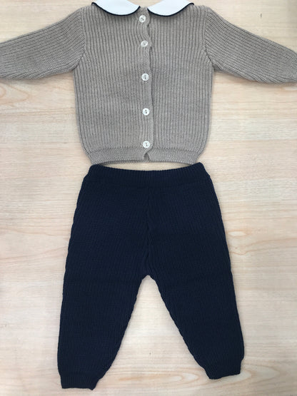 Tutina Baby Lord in lana due pezzi tortora e blu scuro con fiocco centrale e colletto rifinito in blu
