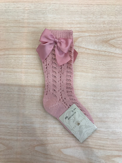 Calzino Story Loris in filo alto traforato rosa antico con fiocco