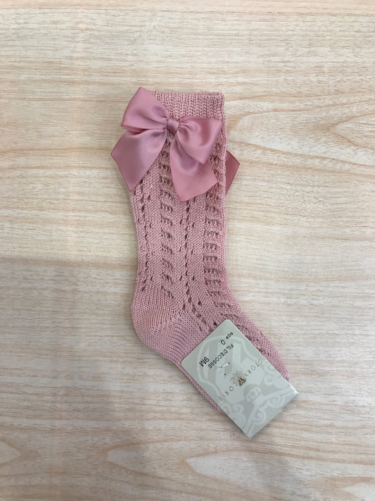 Calzino Story Loris in filo alto traforato rosa antico con fiocco