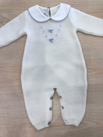 Tutina Baby Lord intera panna con nodi d'amore e pois celesti e colletto rifinito celeste