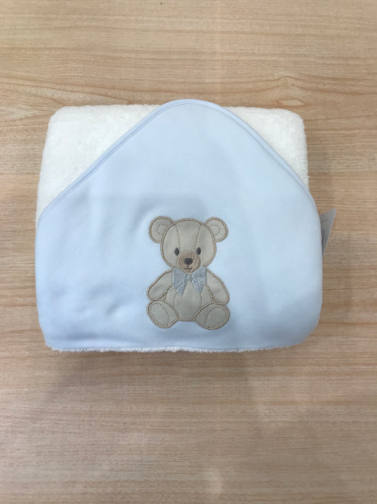 Telo Bagnetto Baby Gi in spugna con bordo celeste con triangolo celeste con orsetto ricamato con fiocchetti grigio