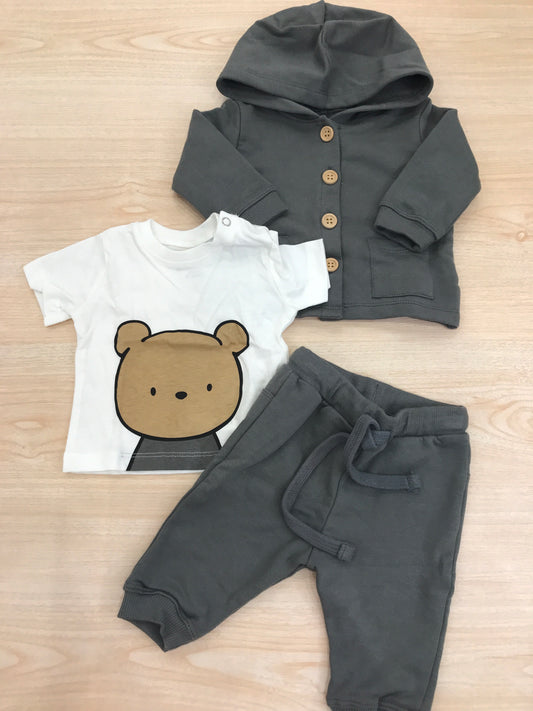 Tuta AVentiQuattrore in cotone grigio scuro tre pezzi t-shirt felpina e pantalone lungo con sacca abbinata decorato da orsetti