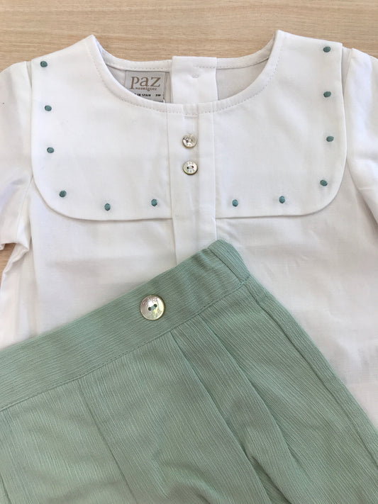 Completo Paz Rodriguez in cotone camicia mezza manica con bavettone e pois verdi con pantalone corto