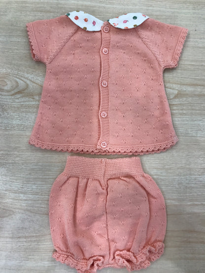 Completo Paz Rodriguez in filo rosa pesca mezza manica con colletto tondo con frutta con culotte