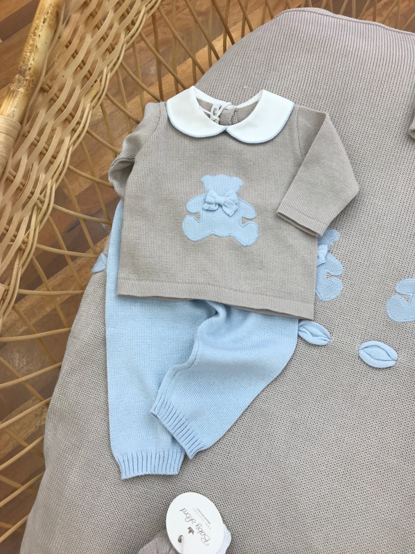 Coordinato nascita Baby Lord infilo tortora con orsetti e fiocchetti celesti