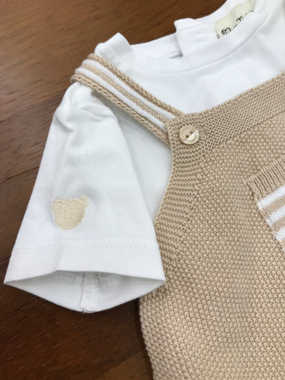 Pagliaccetto Nanan in filo beige con dettagli bianchi con maglietta in cotone mezza manica