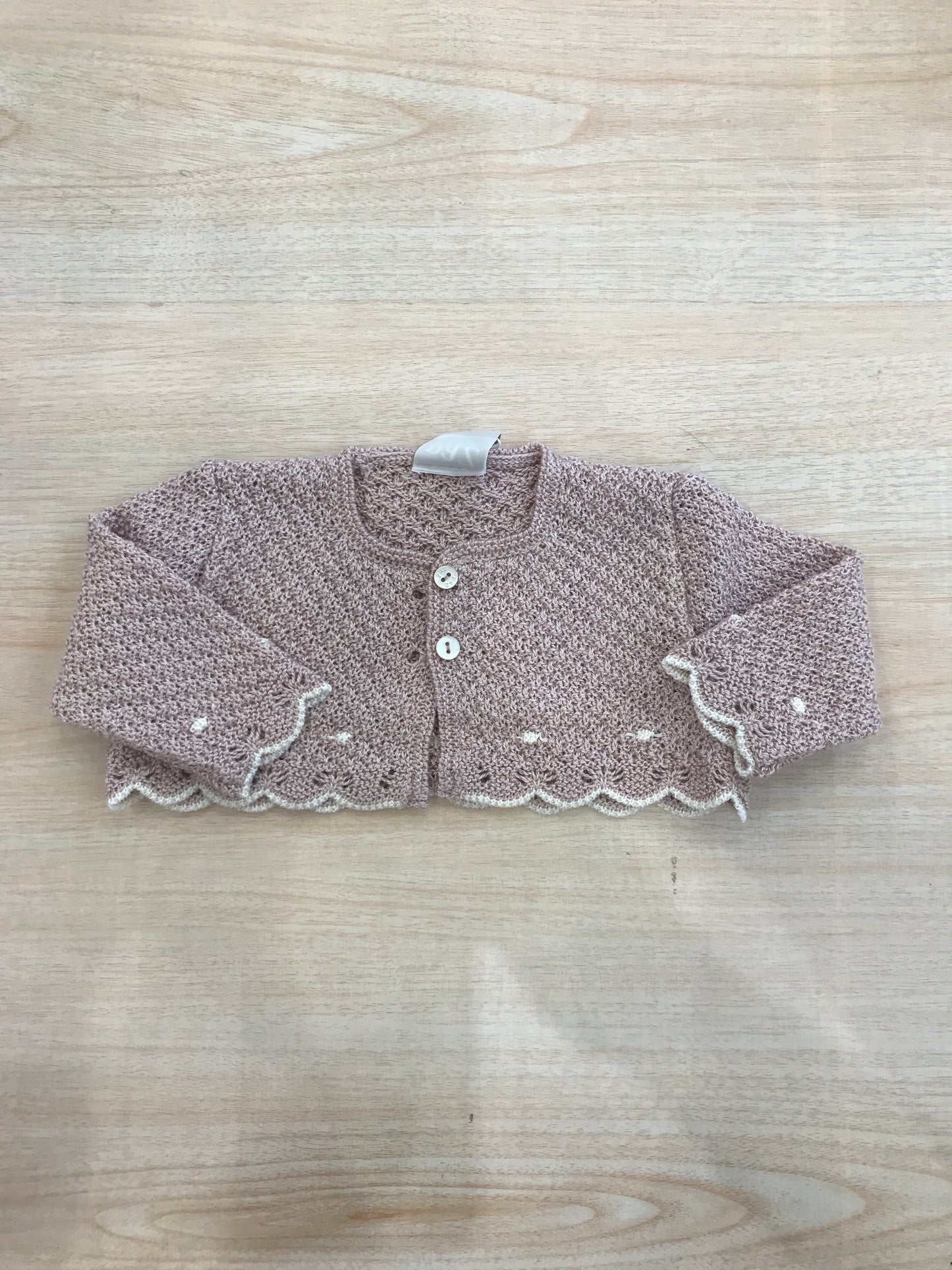 Cardigan Paz Rodriguez in filo rosa antico traforato e rifinito in panna