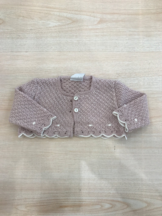 Cardigan Paz Rodriguez in filo rosa antico traforato e rifinito in panna
