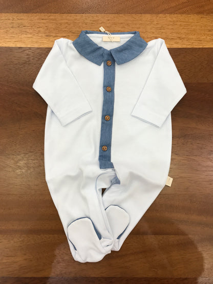 Tutina Baby Gi in cotone celeste manica lunga gamba lunga con colletto denim che continua sul davanti