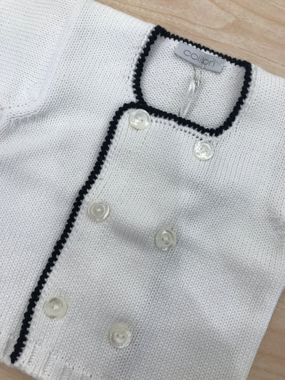Cardigan Colibrì doppio petto bianco manica lunga con profilo blu scuro