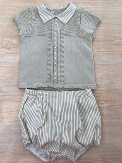 Completo PCS in filo beige due pezzi mezza manica colletto a righe con pois ricamati sul davanti culotte a righe abbinata