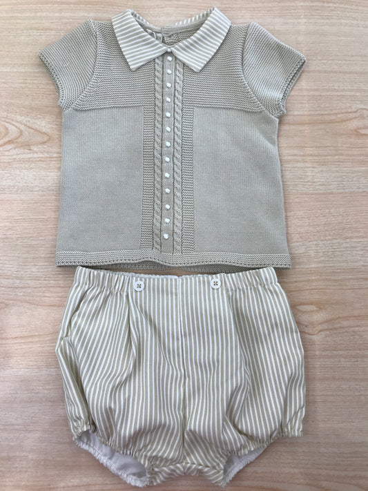 Completo PCS in filo beige due pezzi mezza manica colletto a righe con pois ricamati sul davanti culotte a righe abbinata