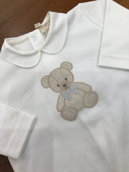 Tutina Baby Gi panna in cotone manica lunga gamba lunga con piedini con orsetto ricamato sul davanti