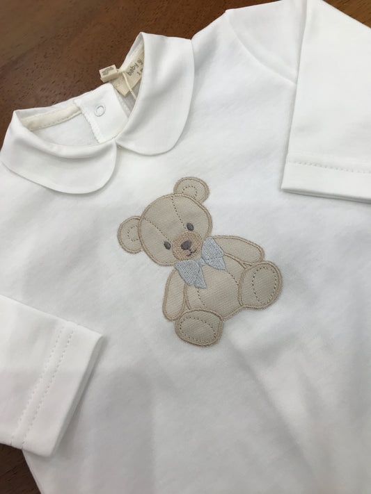 Tutina Baby Gi panna in cotone manica lunga gamba lunga con piedini con orsetto ricamato sul davanti