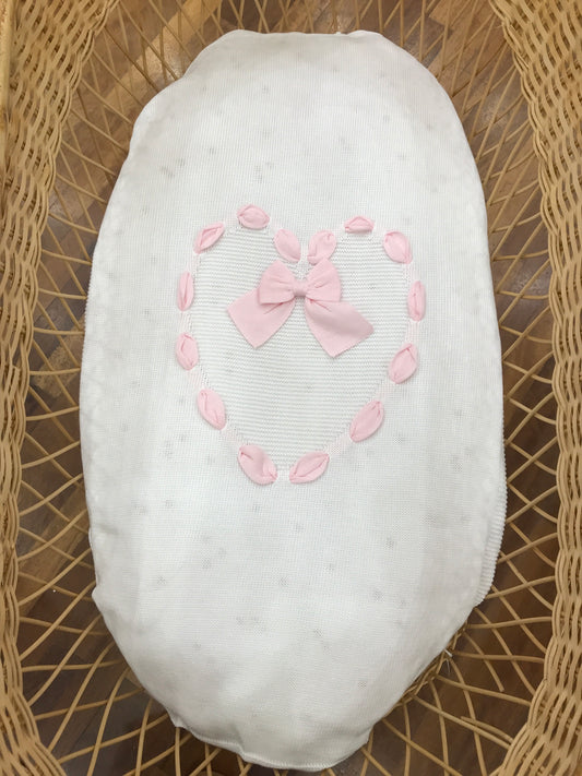 Coperta Baby Lord in filo bianco con cuore passanastro rosa con fiocco applicato al centro