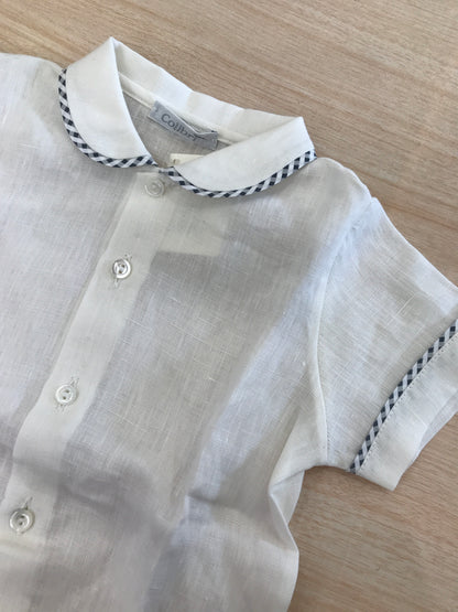 Camicia Colibrì in lino mezza manica con rifiniture a quadretti blu scuro