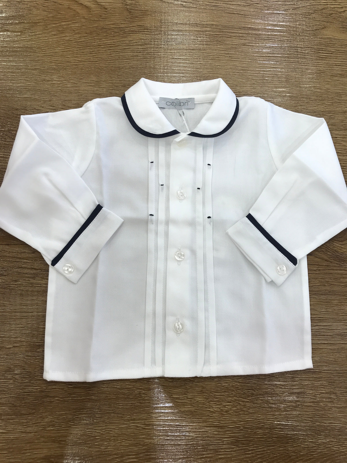 Camicia Colibrì bianca con colletto e polsini dal profilo blu scuro con pois in rilievo