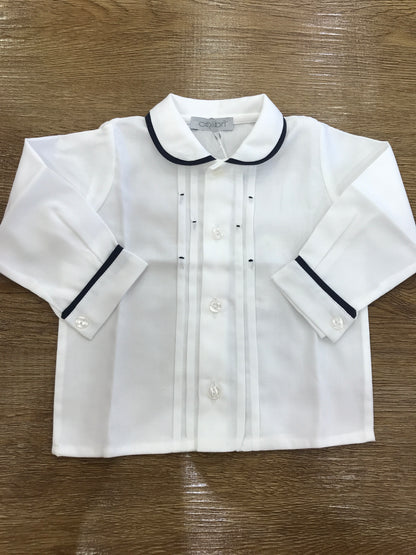 Camicia Colibrì bianca con colletto e polsini dal profilo blu scuro con pois in rilievo
