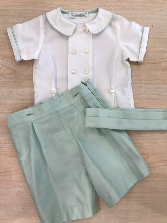 Completo Crochette camicia mezza manica con profilo verde acqua come il pantalone e fascia con pieghe in vita