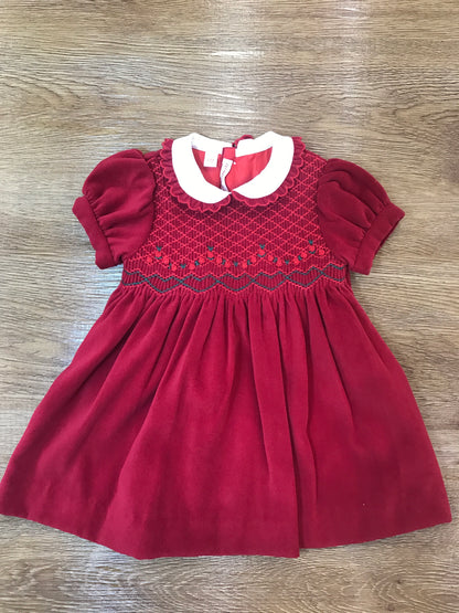 Abito Les Enfants de Gisele in velluto rosso mezza manica con punto smock e roselline ricamate
