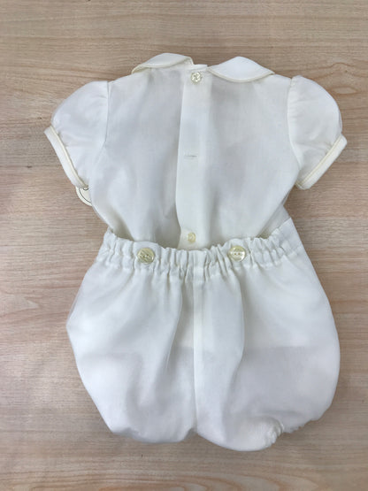 Pagliaccetto Belan in cotone con organza mezza manica a sbuffo con righe sul davanti e ai lati applicazioni in pizzo