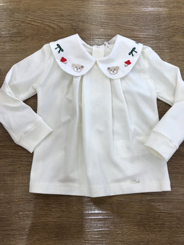 T-shirt Le Bebè in caldo cotone con colletto con ricami rossi beige e verdi