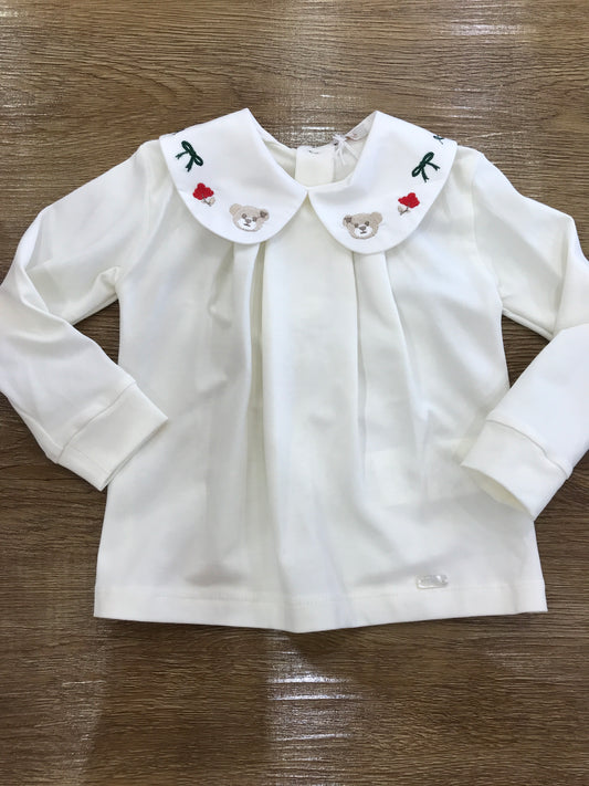 T-shirt Le Bebè in caldo cotone con colletto con ricami rossi beige e verdi
