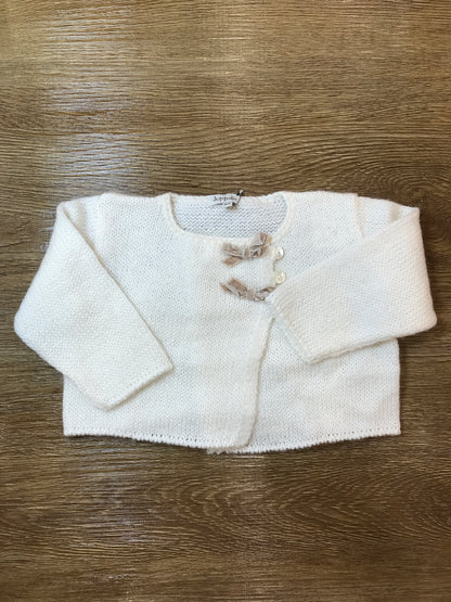 Cardigan Juppolà in lana panna con piccoli fiocchetti in velluto applicati vicino ai bottoncini