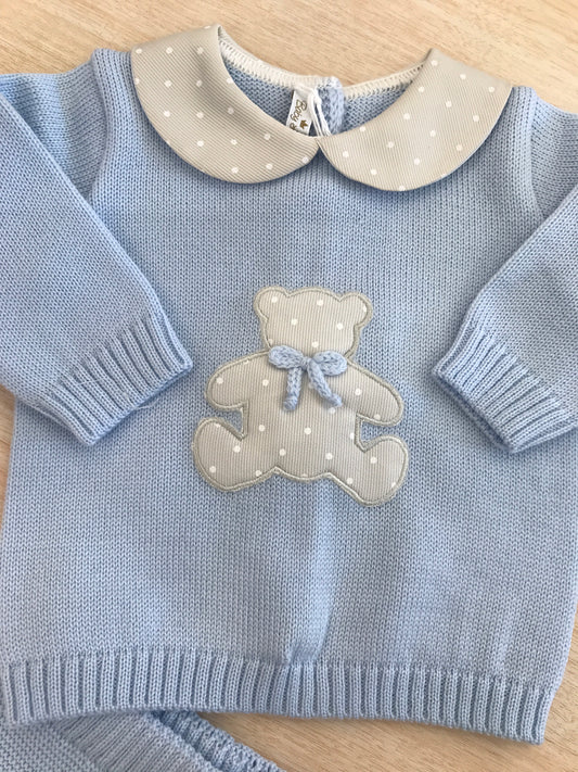 Tutina Baby Lord in lana due pezzi celeste con colletto a pois ed orsetto centrale con pois bianchi
