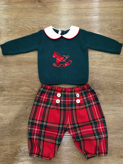 Completo Baby Lord in lana due pezzi verde scuro con cavallo a dondolo e bermuda scozzese