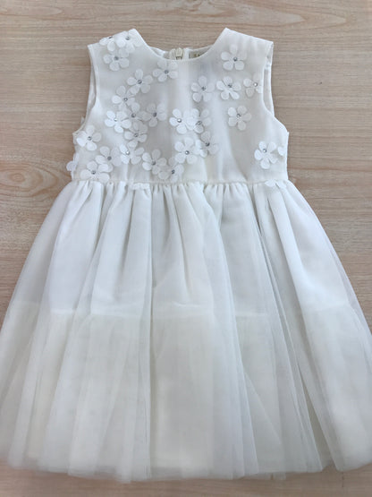 Abito Safer bianco in cotone con strato in tulle smanicato con fiori applicati sul corpetto