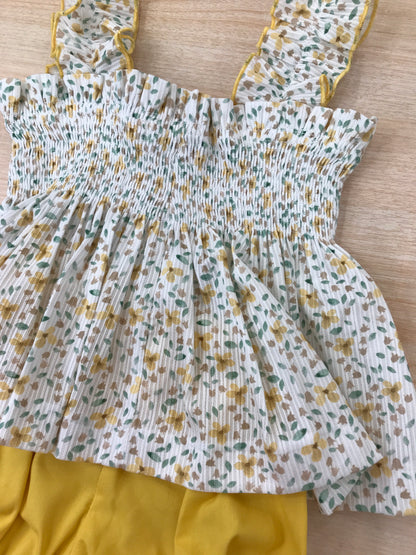 Completo Belan due pezzi casacca con bretelle a fiori con rusche sul corpetto con culotte abbinata