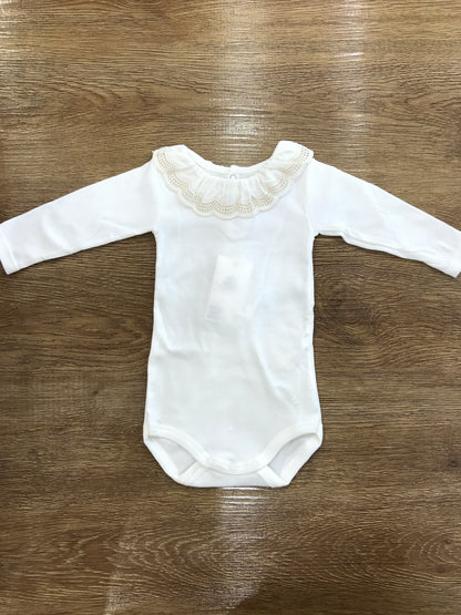 Body Petit Bateau bianco manica lunga con colletto smerlato traforato panna