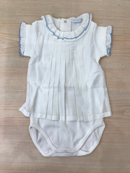 Body Laranjinha in cotone mezza manica smerlata con profilo celeste con effetto camicia con collo con rusche con ricamo celeste