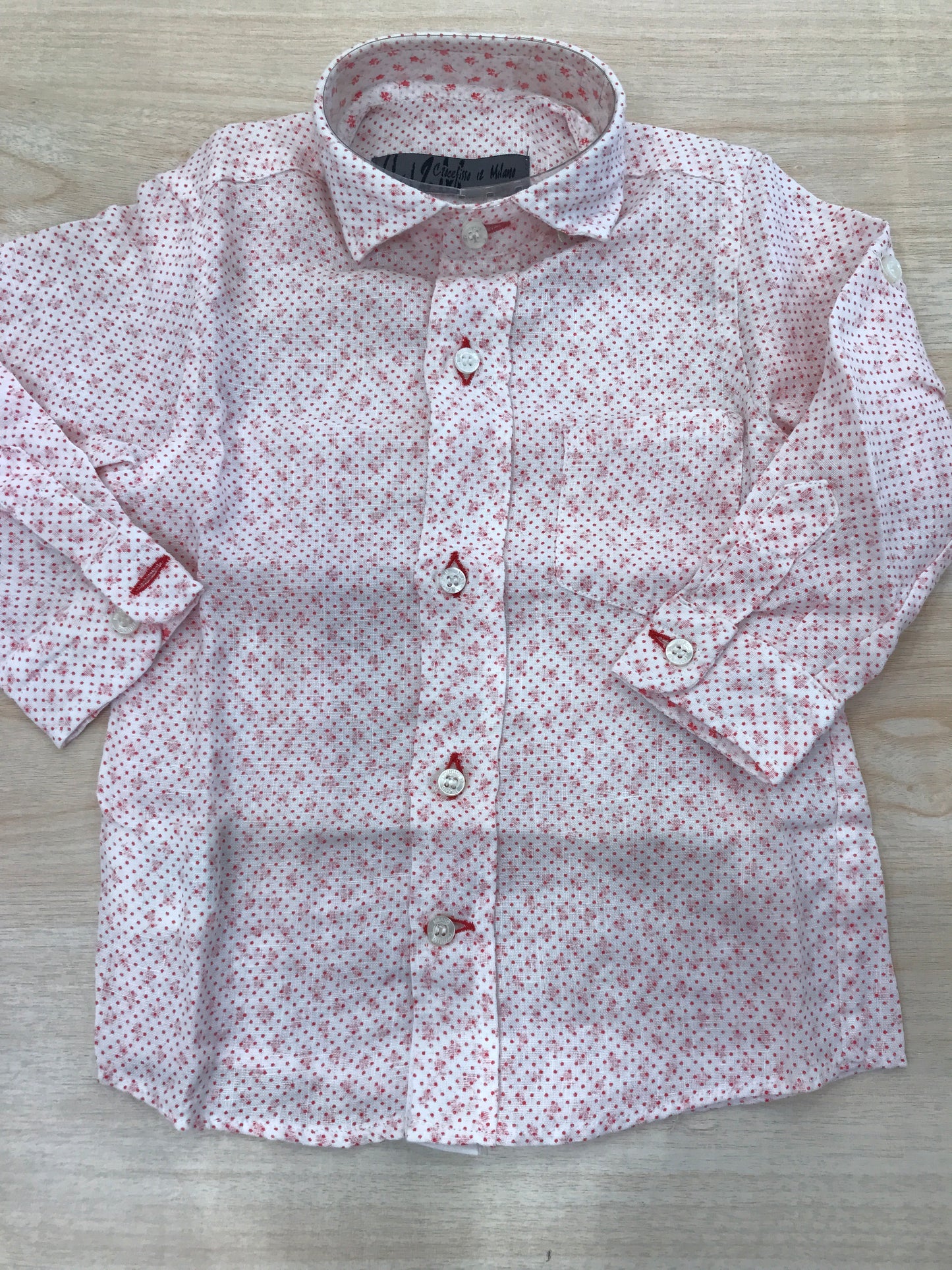 Camicia Crocefisso Milano manica lunga di base bianca con dettagli rosati e pois rossi
