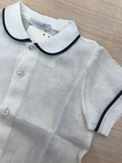 Camicia Colibrì in lino mezza manica con profilo blu scuro anche al colletto