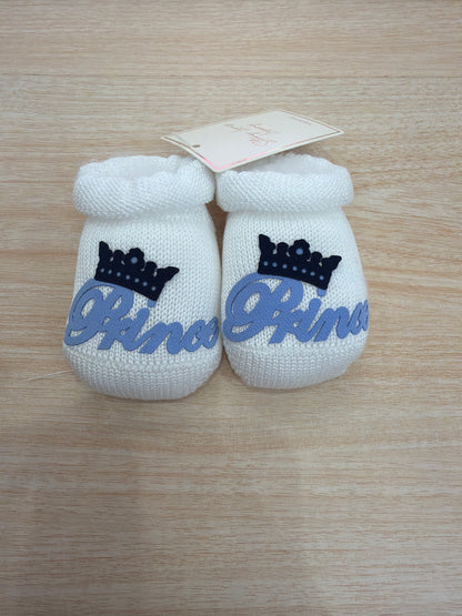 Babbucce Story Loris in filo bianco con corona blu scuro e scritta celeste "Prince"