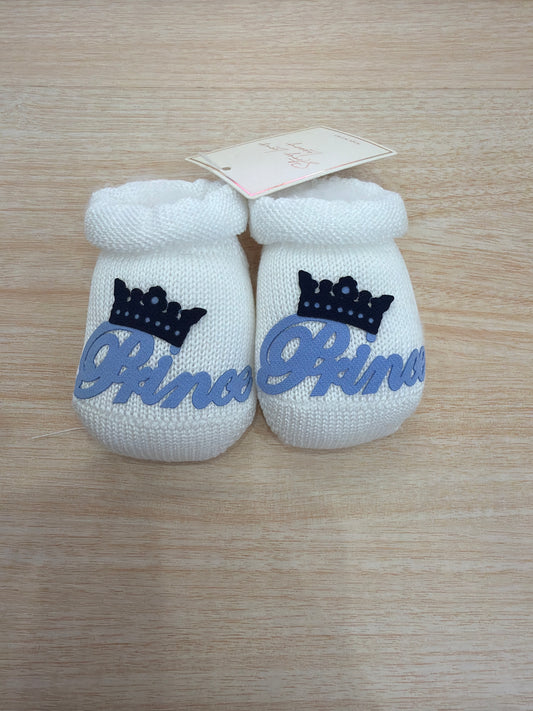 Babbucce Story Loris in filo bianco con corona blu scuro e scritta celeste "Prince"