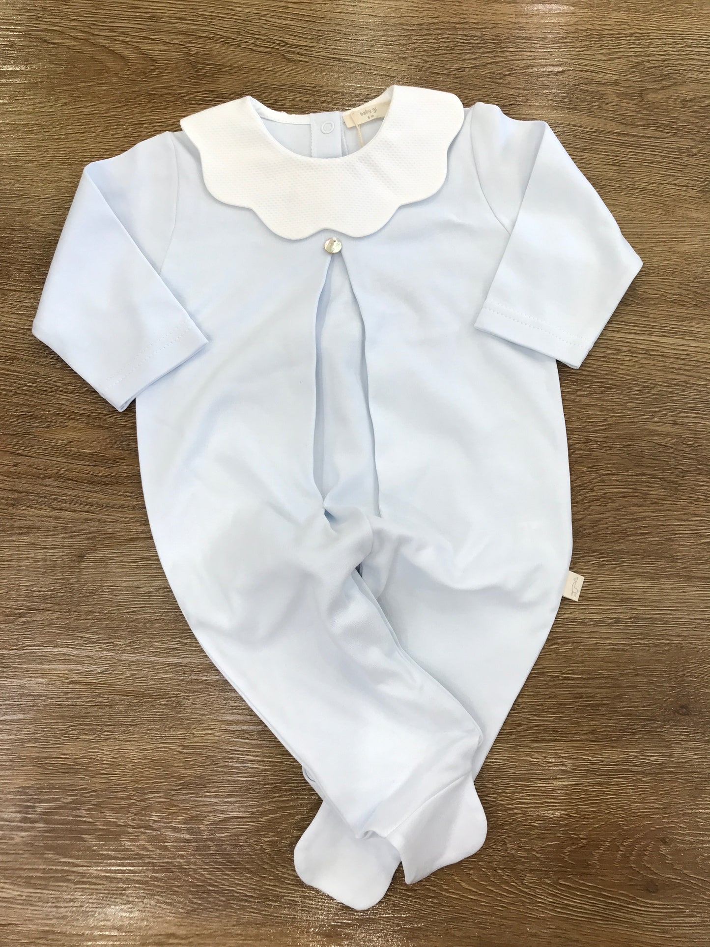 Tutina Baby Gi in cotone intera celeste con collo smerlato bianco in piquet