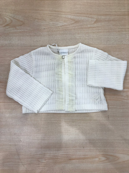 Cardigan La Perla in filo di cotone panna con un bottoncino sul davanti e rusche